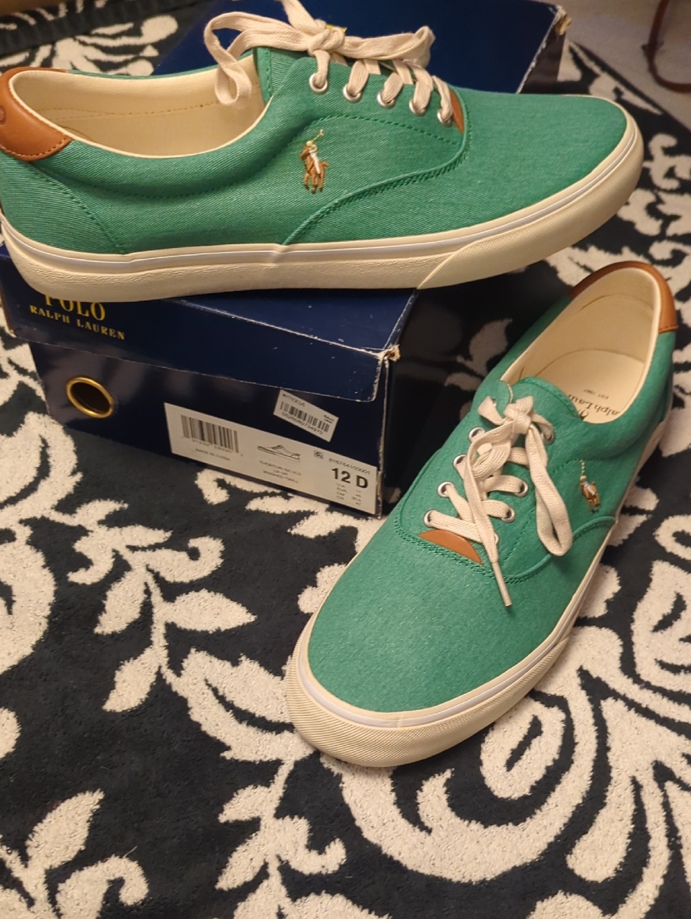 Polo by Ralph Lauren Green Canvas Low-Top Sneakers with Tan Leather Accents - 12
